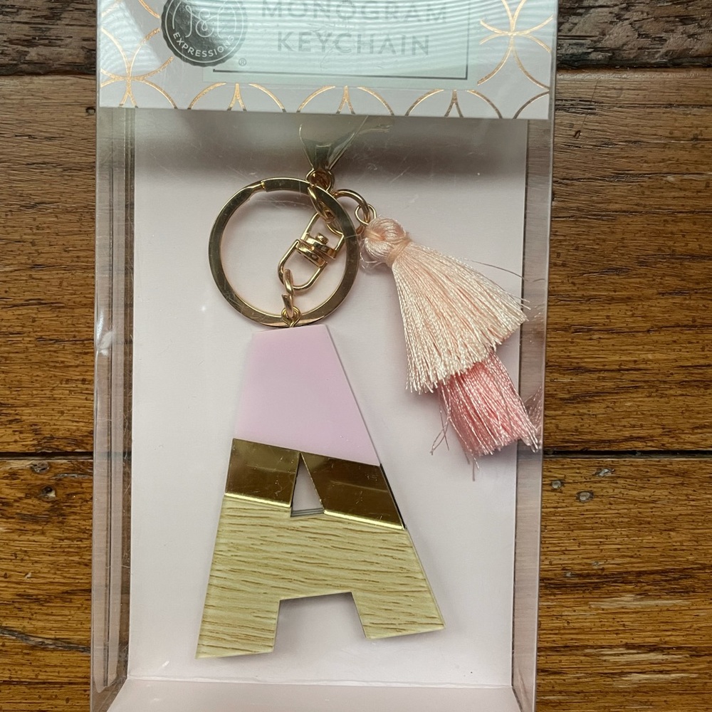 New Pink Letter " A " monogram keychain with pink tassels
